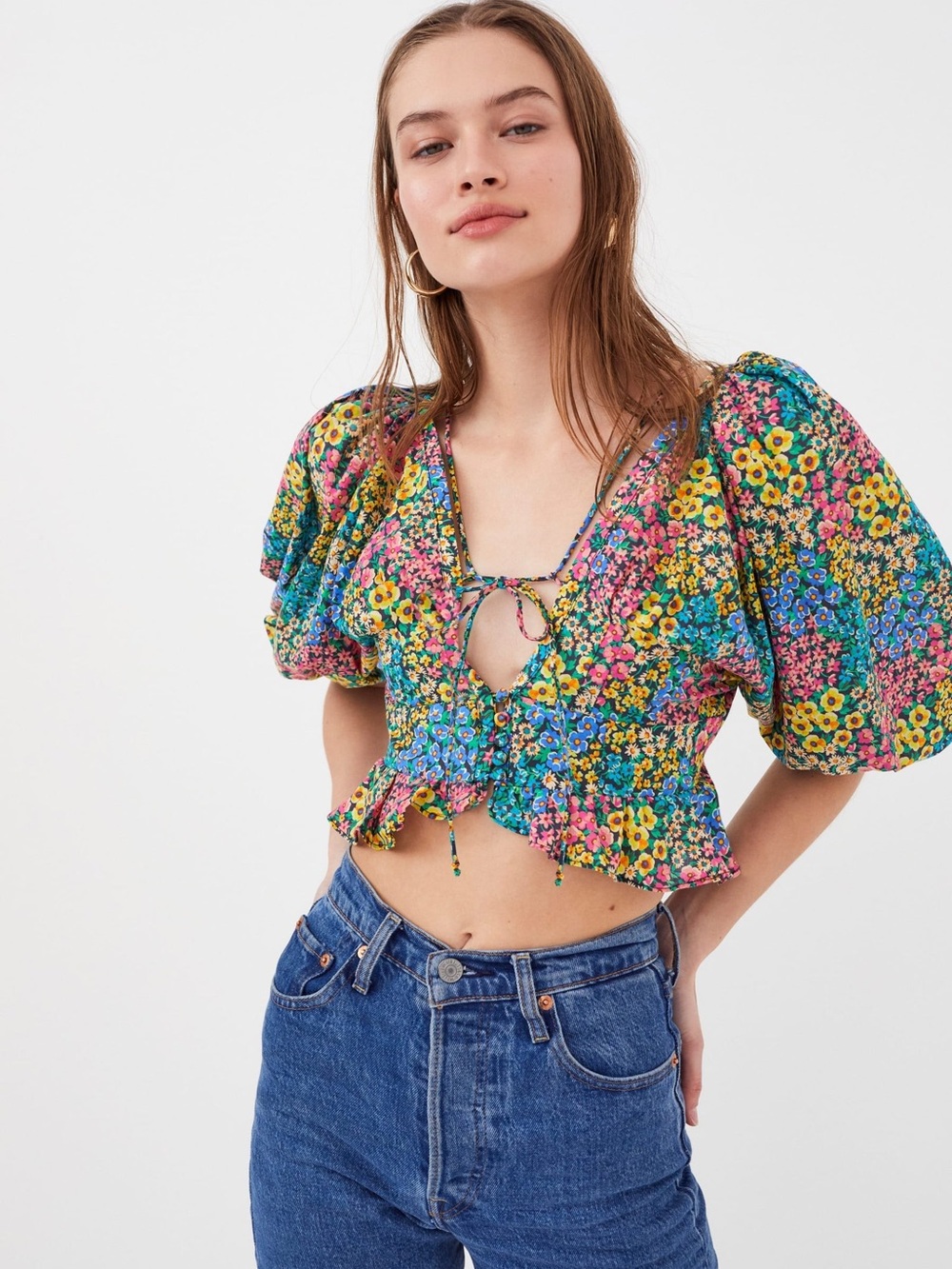 For Love & Lemons Ruth Multi Floral Puff-Sleeve Tie-Front Crop Top